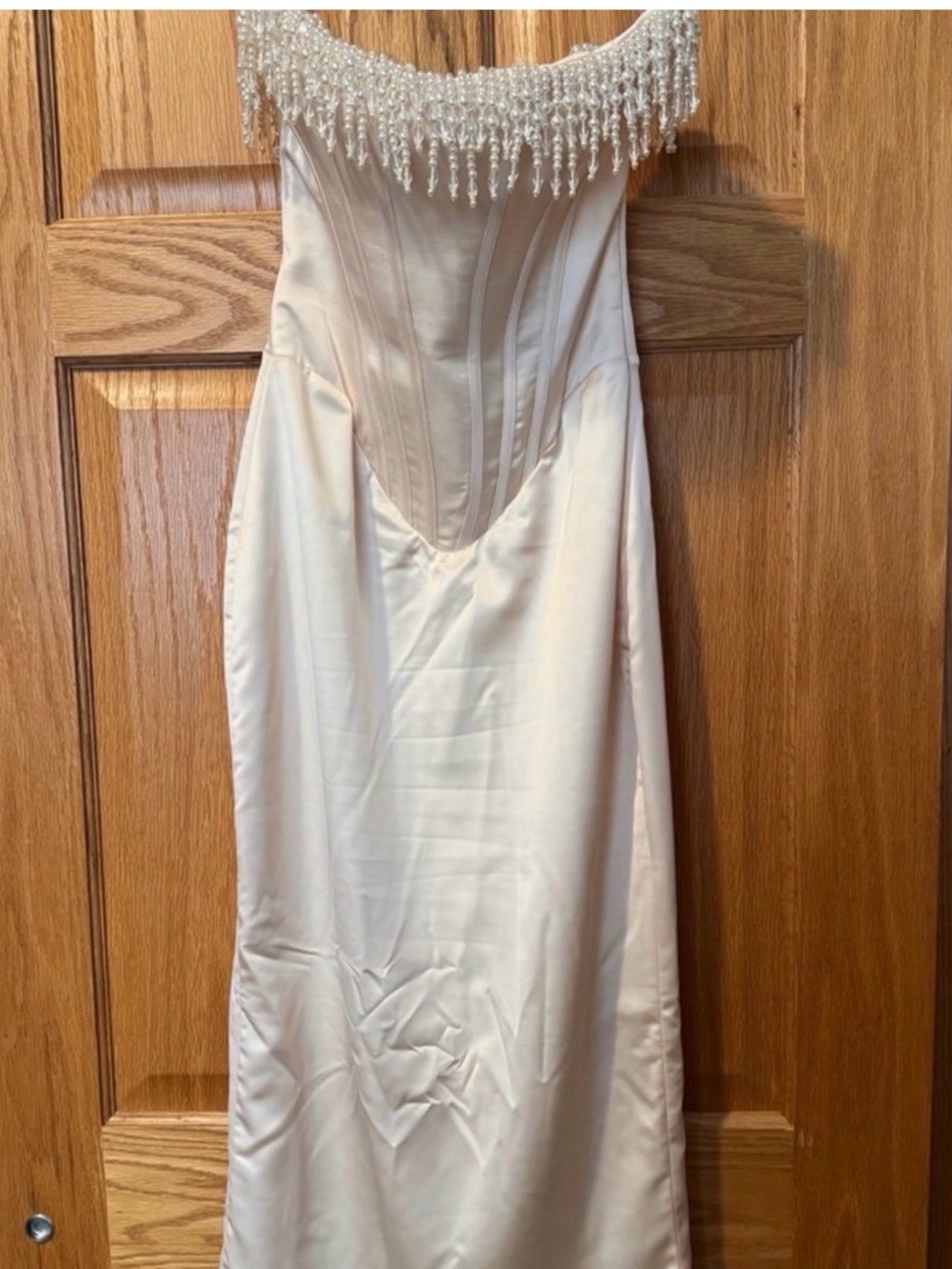 House of CB Ivory Strapless Pearl-Trim Midi Dress - Picture 3 of 7